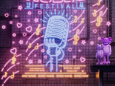 Decorative Neon Lights with Microphone Shape Music Notes Hearts and Stars for Festival 3d model