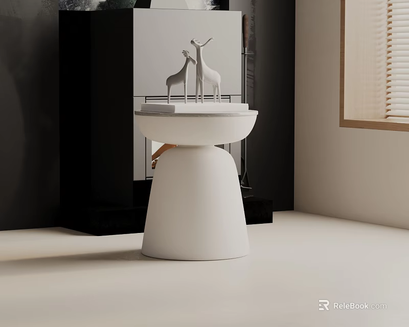 Modern Minimalist White Side Table With Cylindrical Base And Deer Figurines 3d model 
