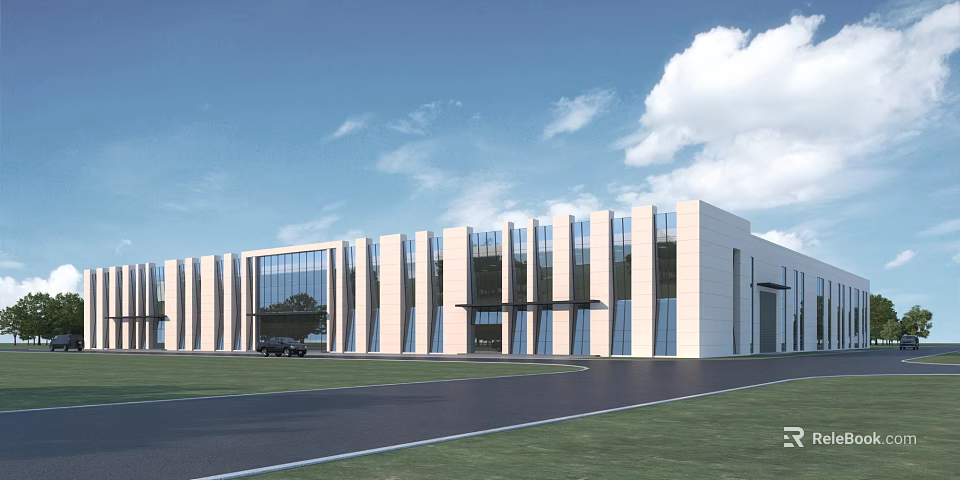Modern Industrial Factory Building with Large Glass Windows White Facade Green Lawn and Paved Road 3d model 