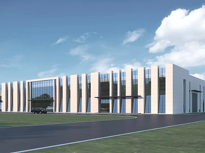 Modern Industrial Factory Building with Large Glass Windows White Facade Green Lawn and Paved Road 3d model