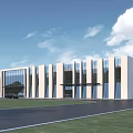 Modern Industrial Factory Building with Large Glass Windows White Facade Green Lawn and Paved Road