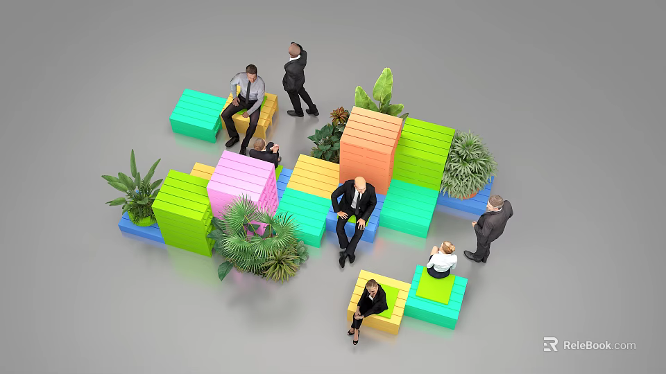 Colorful Landscape Seats With People Relaxing And Green Plants In Public Area 3d model 