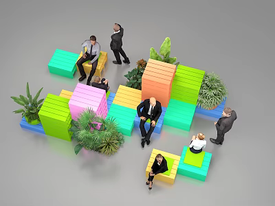 Colorful Landscape Seats With People Relaxing And Green Plants In Public Area 3d model