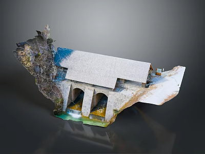 Stone Bridge Architecture With Arched Design White Roof Flowing Water And Rocky Surroundings 3d model
