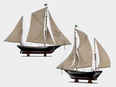 Wooden Sailboat Decorative Ornament Set With Beige Sails Black Hulls And Green Flags 3d model