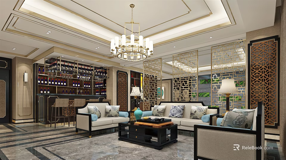Luxurious Clubhouse Interior Featuring Chandelier Sofas Wine Rack And Screen Partition 3d model