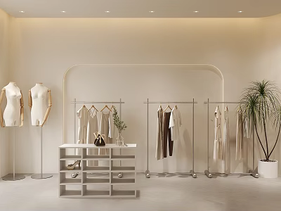 Minimalist Modern Clothing Store Interior With Mannequins Clothes Racks Shoes And Potted Plant 3d model