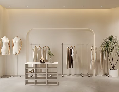 Minimalist Modern Clothing Store Interior With Mannequins Clothes Racks Shoes And Potted Plant 3d model