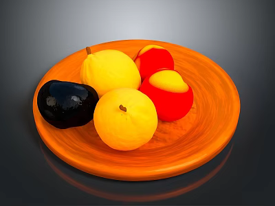 Colorful Fresh Fruits Arranged On Orange Ceramic Plate With Black Yellow And Red Varieties 3d model
