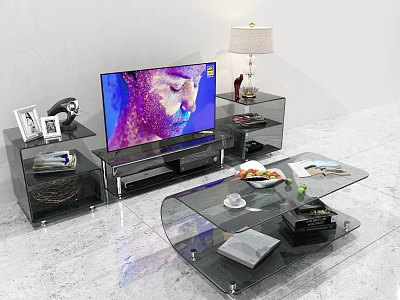 Modern Glass TV Stand With TV Side Table Lamp Photo Frames And Magazines 3d model
