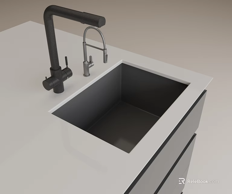 Modern Black Kitchen Sink in White Countertop with Black and Silver Faucets and Cabinet 3d model 