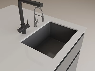 Modern Black Kitchen Sink in White Countertop with Black and Silver Faucets and Cabinet 3d model
