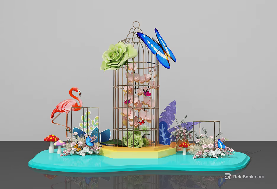 Decorative Display With Birdcage Green Flower Blue Butterflies Flamingo Mushrooms And Plants On Blue Base 3d model 