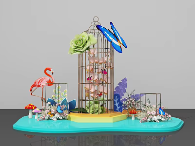 Decorative Display With Birdcage Green Flower Blue Butterflies Flamingo Mushrooms And Plants On Blue Base 3d model