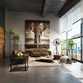 Industrial Style Office Open Space With Large Windows Green Plants Bookshelves And Brown Leather Sofa