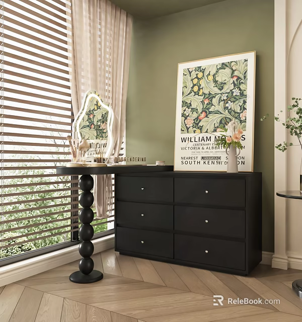 Black Dresser with Drawers Mirror and Green Wall Painting Near Window Blinds 3d model 