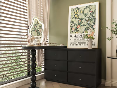 Black Dresser with Drawers Mirror and Green Wall Painting Near Window Blinds 3d model
