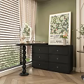 Black Dresser with Drawers Mirror and Green Wall Painting Near Window Blinds