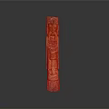 Natural Landscape With Orange Wooden Totem Pole Carved Faces And Patterns