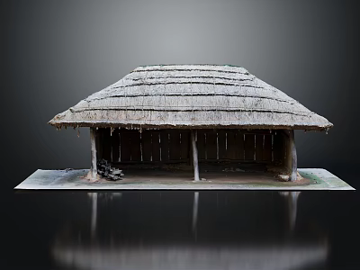 Traditional Thatch Roof Building Model With Wooden Pillars And Hanging Elements 3d model