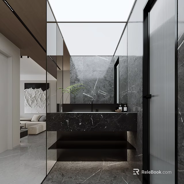 Modern Bathroom Design With Marble Vanity Glass Partition And Plant 3d model 