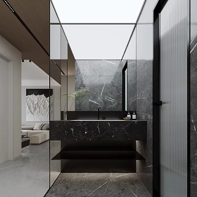 Modern Bathroom Design With Marble Vanity Glass Partition And Plant 3d model