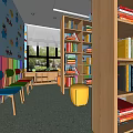 Kindergarten Indoor Space With Colorful Bookshelves Cartoon Wall And Colorful Stools