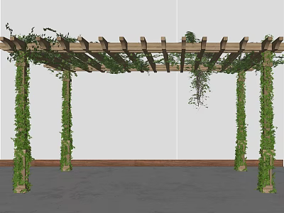 Wooden Pergola with Green Vines Climbing Columns and Rafters in Outdoor Space 3d model