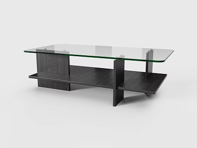 Modern Coffee Table Featuring Glass Top And Wooden Base With Lower Shelf 3d model