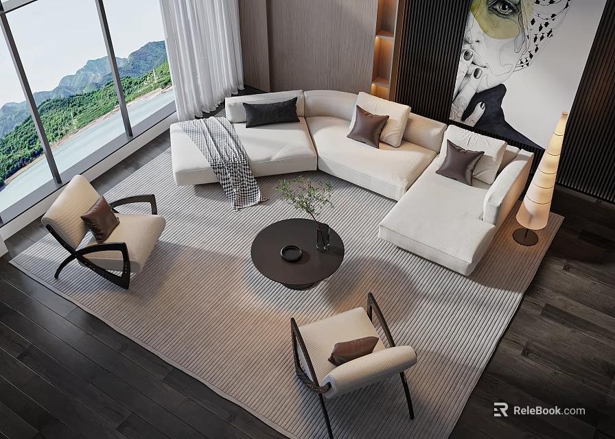 Modern Living Room White Sofa And Coffee Table Set Design With Chairs Carpet Large Windows 3d model 