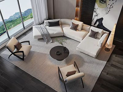 Modern Living Room White Sofa And Coffee Table Set Design With Chairs Carpet Large Windows 3d model