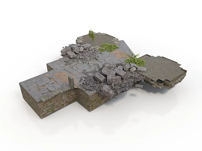 Modern Broken Brick Structure Scene With Scattered Rubble And Small Plants 3d model