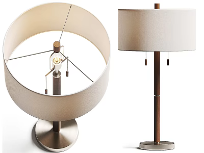 Modern Table Lamps with Round Rectangular Fabric Shades and Metal Wooden Bases 3d model