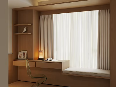 Modern Wooden Bay Window Cabinet With Desk Shelf Table Lamp And Curtains 3d model