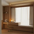 Modern Wooden Bay Window Cabinet With Desk Shelf Table Lamp And Curtains