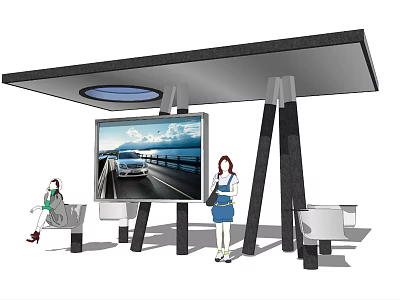 Modern Bus Station Shelter With Large Screen Display Seats And Passengers 3d model
