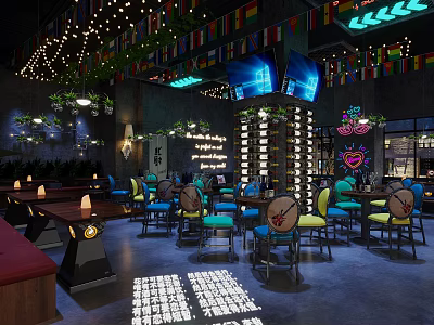 Modern Bar Interior Design With Neon Lights Colorful Flags Wine Racks And Casual Seating 3d model