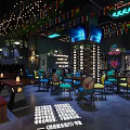 Modern Bar Interior Design With Neon Lights Colorful Flags Wine Racks And Casual Seating