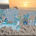 Summer Beach Photo Check-in Spot With Striped Backdrop Palm Trees Surfboards And Beach Chairs