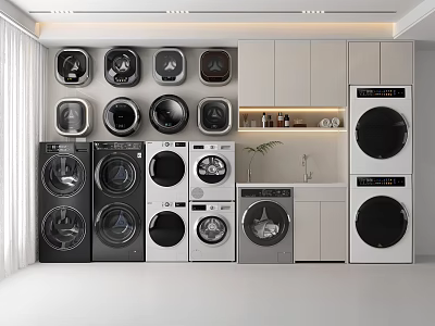 Modern Black White Front Load Washing Machines Arranged In Stylish Showroom 3d model