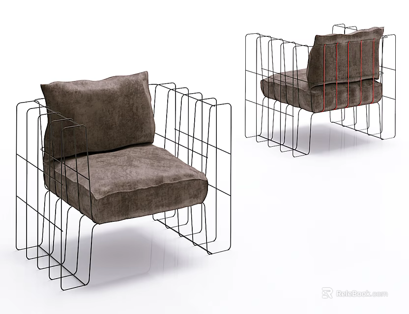 Modern Single Seater Sofa With Wire Metal Frame And Brown Cushion Design 3d model 