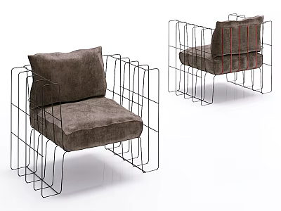 Modern Single Seater Sofa With Wire Metal Frame And Brown Cushion Design 3d model