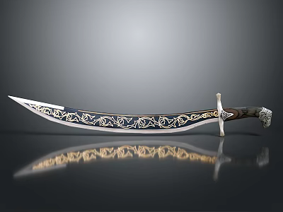 Ornate Curved Blade Weapon With Silver Gold Intricate Patterns And Decorative Handle 3d model