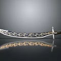 Ornate Curved Blade Weapon With Silver Gold Intricate Patterns And Decorative Handle