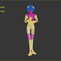 Game Movie Character With Blue Hair White Bodysuit Blue Accents Holding Green And White Object