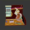 Vibrant Hair Salon Scene Setup With Orange Barber Chair Mirror And Checkerboard Floor