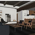 Modern Living and Dining Area Interior With Wooden Furniture Coffee Table Artwork and Open Layout