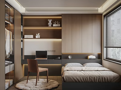 Tatami Bedroom Interior Design With Built in Wardrobe Desk Window And Storage 3d model