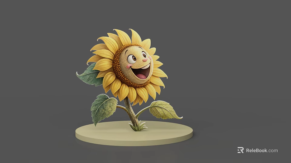Cute Sunflower Game Movie Character With Smiling Face Yellow Petals Green Leaves On Base 3d model 
