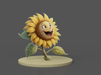Cute Sunflower Game Movie Character With Smiling Face Yellow Petals Green Leaves On Base 3d model